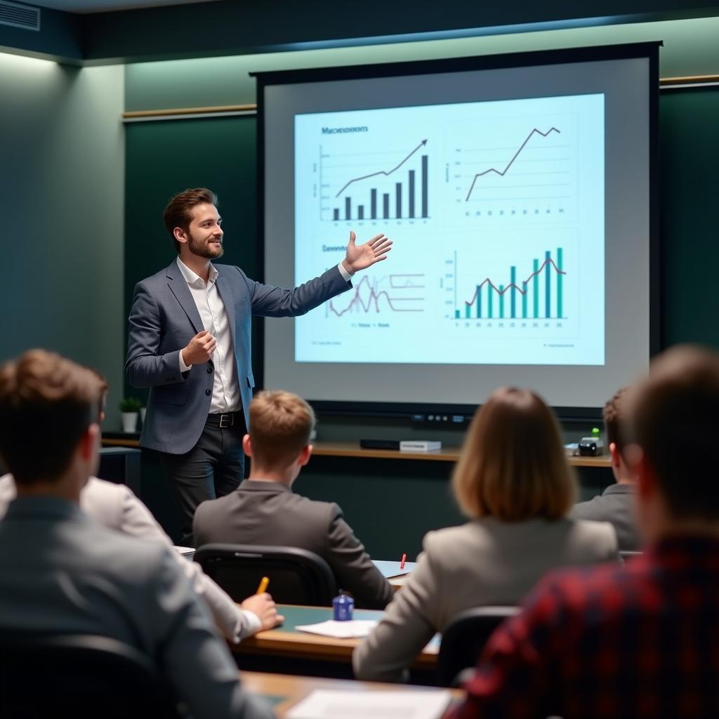 Sinh viên đang trình bày bài thuyết trình về kinh tế vĩ mô trước lớp