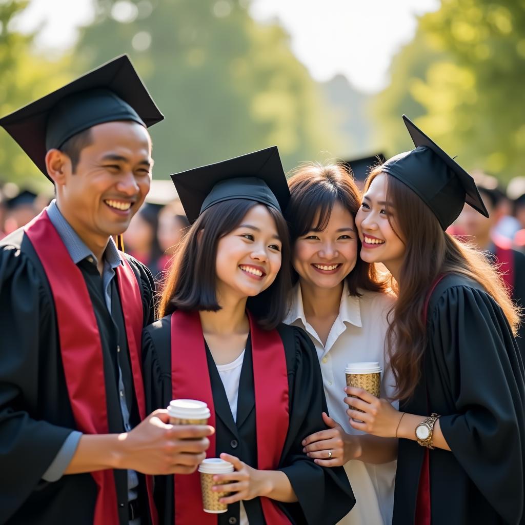 Gia đình Việt Nam tự hào chụp ảnh cùng con đang nhận bằng tốt nghiệp đại học thể hiện giá trị giáo dục trong văn hóa Việt
