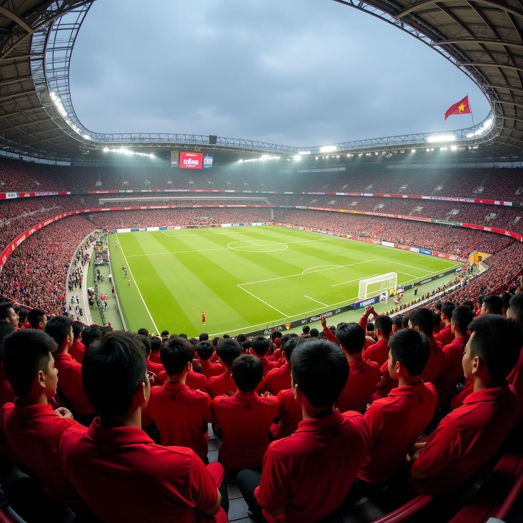 Sinh viên Việt Nam xem trực tiếp trận bóng đá tại sân vận động với bầu không khí sôi động