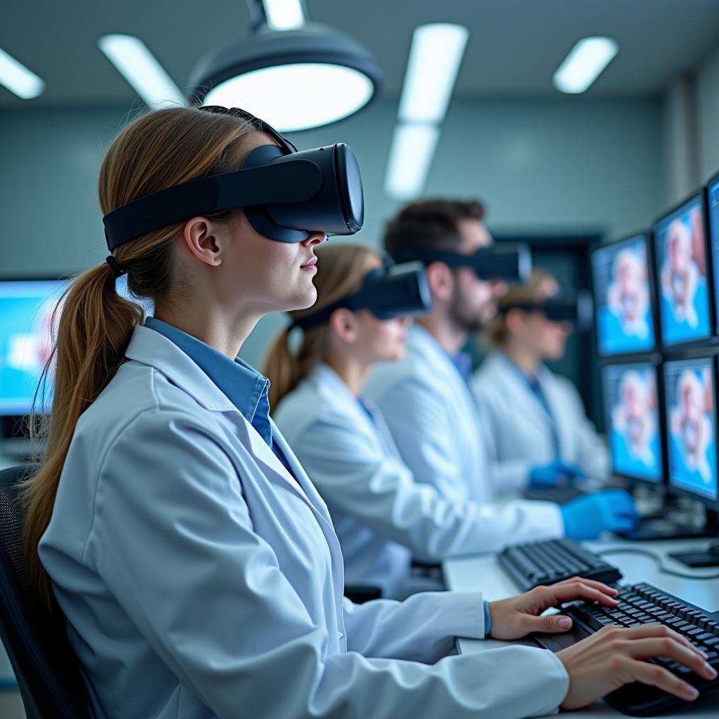 Sinh viên y khoa thực hành kỹ năng phẫu thuật bằng công nghệ thực tế ảo trong phòng đào tạo chuyên nghiệp