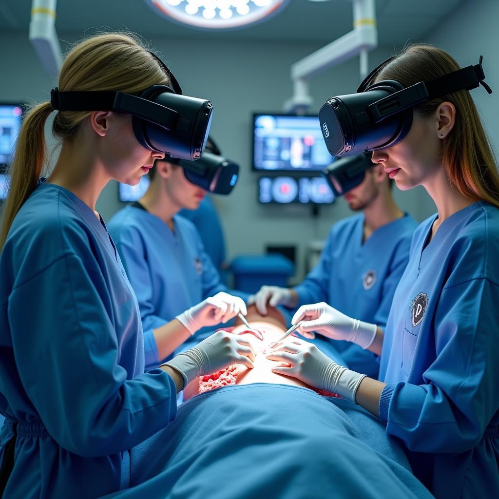 Sinh viên y khoa đang thực hành kỹ năng lâm sàng thông qua hệ thống mô phỏng ảo với phản hồi xúc giác