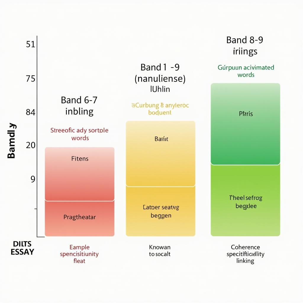 Biểu đồ so sánh các đặc điểm của bài viết IELTS Writing Task 2 ở các band điểm 5-6, 6.5-7 và 8-9