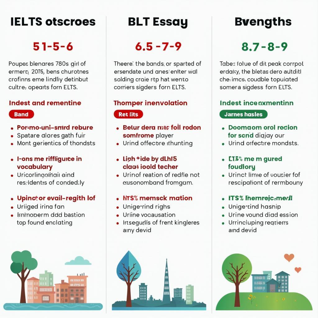Hình ảnh so sánh ba mức độ bài viết IELTS từ Band 5 đến Band 9 về chủ đề đô thị hóa