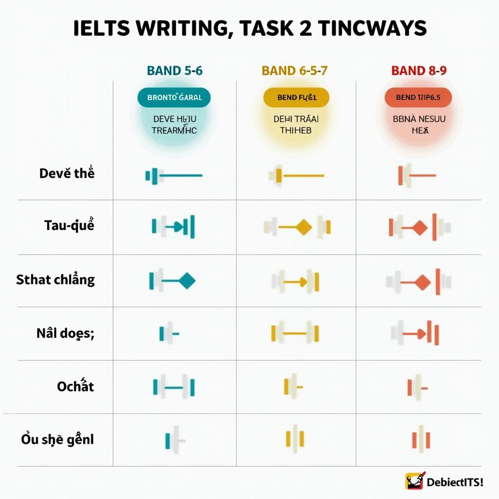 Biểu đồ so sánh đặc điểm bài viết IELTS Writing Task 2 ở các band điểm khác nhau về kỹ năng số