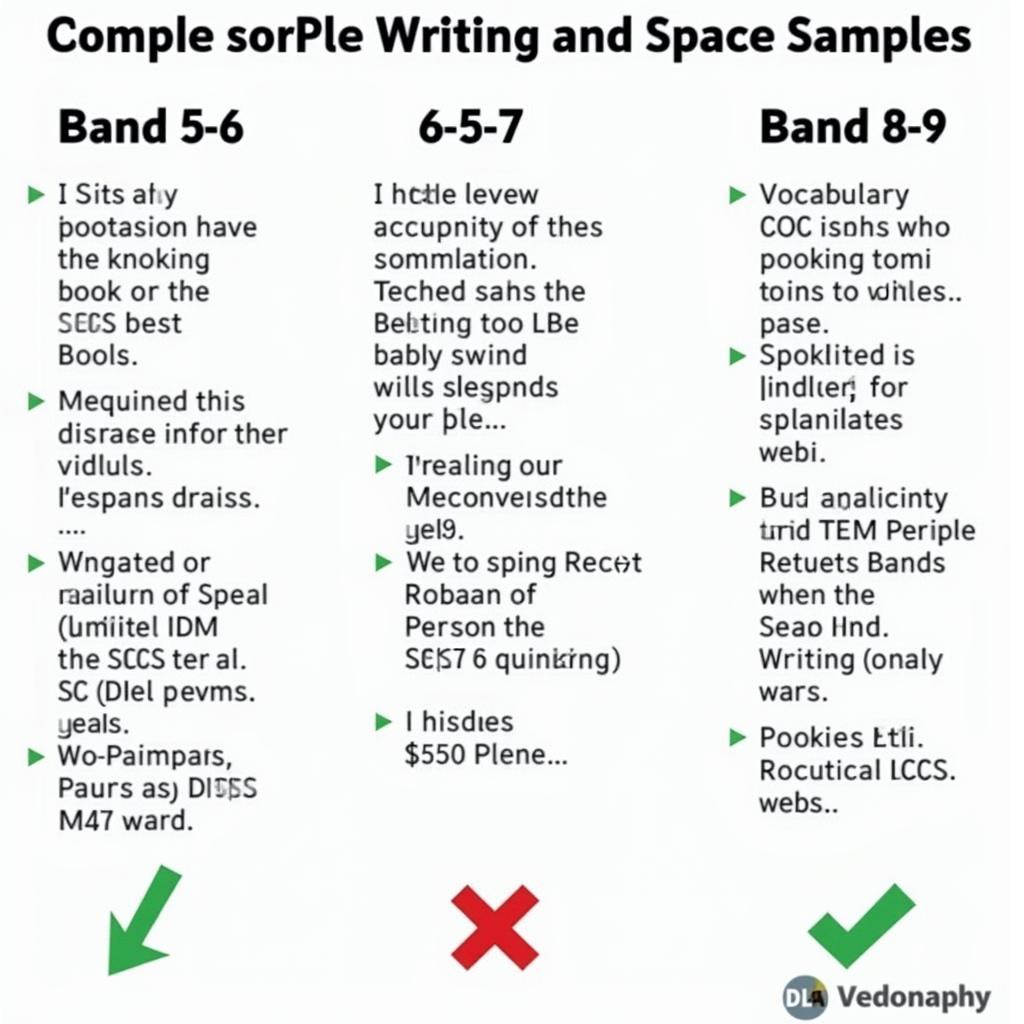 Bảng so sánh trực quan sự khác biệt giữa các band điểm 5-6, 6.5-7 và 8-9 trong IELTS Writing Task 2 về chủ đề hợp tác không gian