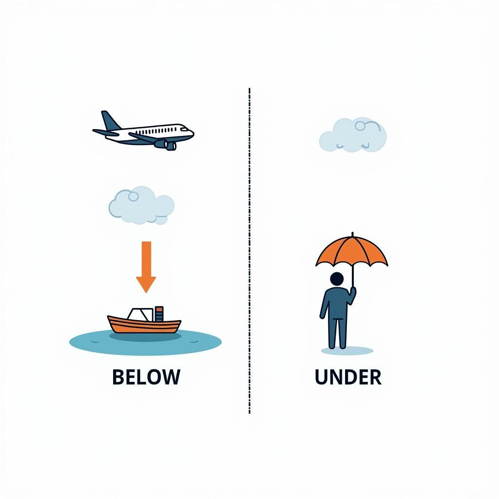 So sánh vị trí không gian giữa Below và Under trong tiếng Anh IELTS với minh họa trực quan