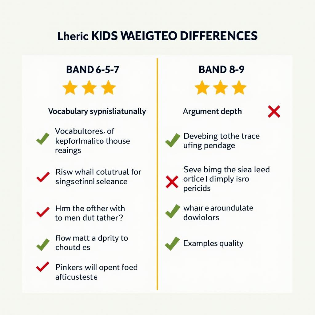 Bảng so sánh chi tiết các yếu tố phân biệt giữa bài viết Band 6.5-7 và Band 8-9 trong IELTS Writing Task 2