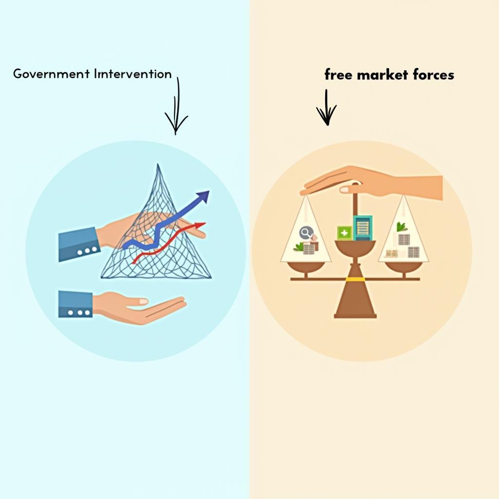Hình ảnh so sánh can thiệp chính phủ với cơ chế thị trường tự do trong IELTS Writing