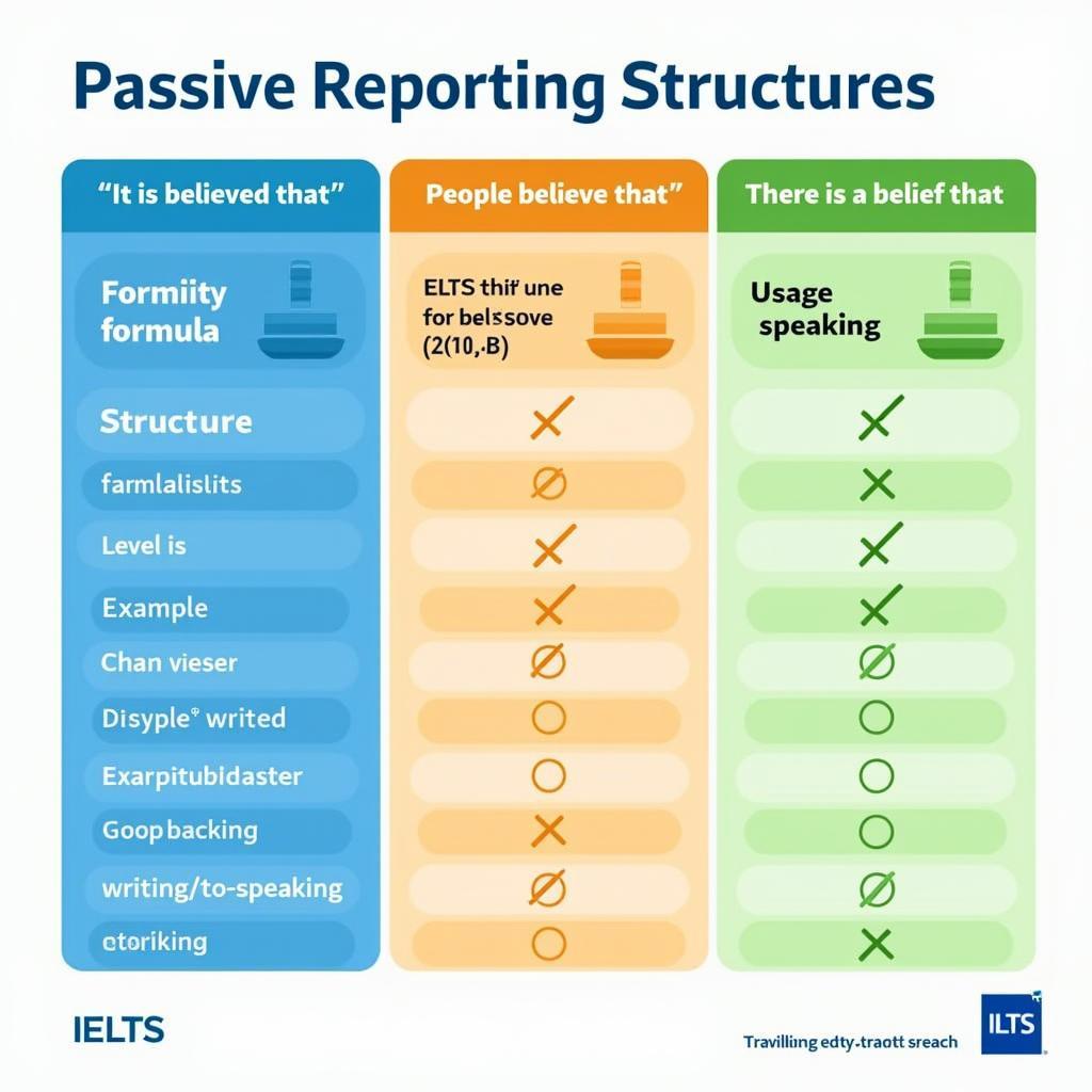 Bảng so sánh chi tiết giữa các cấu trúc passive reporting trong IELTS với ưu nhược điểm và band score