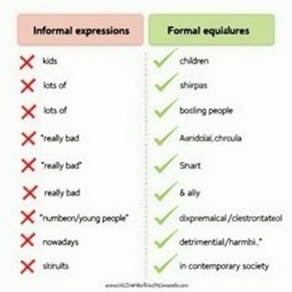 Bảng so sánh cụm từ informal và formal trong IELTS Writing với ví dụ đúng sai