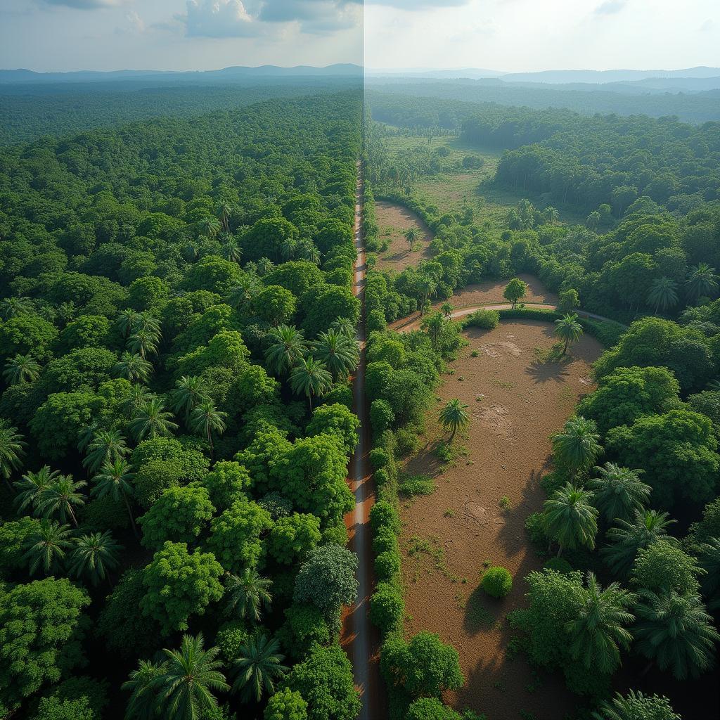 So sánh rừng nhiệt đới nguyên sinh và khu vực bị phá hủy thể hiện sự mất mát đa dạng sinh học