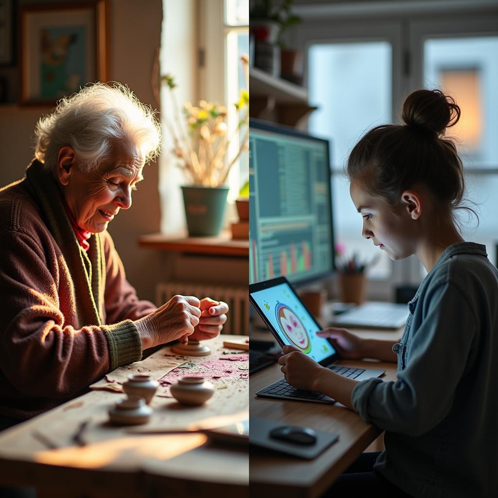 So sánh giữa sở thích sáng tạo truyền thống và hiện đại với hình ảnh đối lập