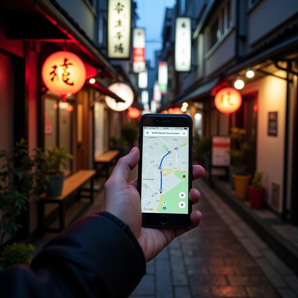 Sử dụng ứng dụng bản đồ để tìm đường trong con hẻm Tokyo với những tòa nhà mang phong cách Nhật Bản
