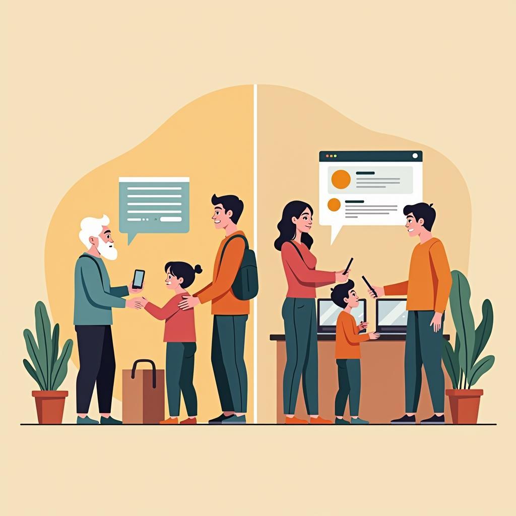 Hình ảnh so sánh cách giúp đỡ giữa thế hệ trẻ và thế hệ già trong bài thi IELTS Speaking