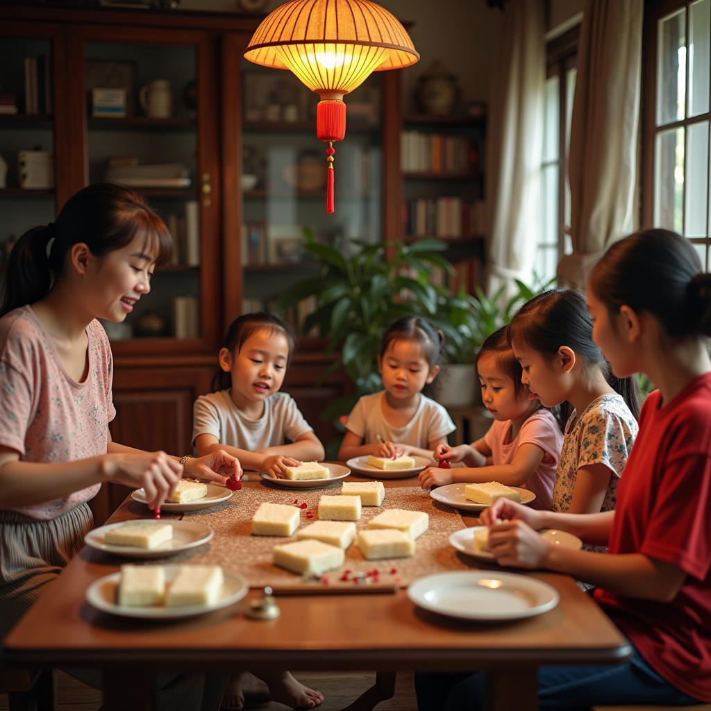 Gia đình Việt Nam sum họp trong dịp Tết cổ truyền, mọi người đang cùng nhau gói bánh chưng