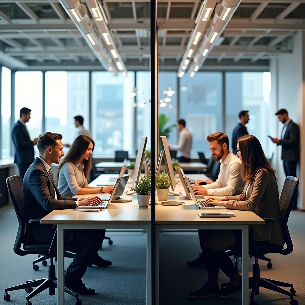 Sự thay đổi của môi trường làm việc từ truyền thống sang hiện đại với công nghệ và không gian linh hoạt