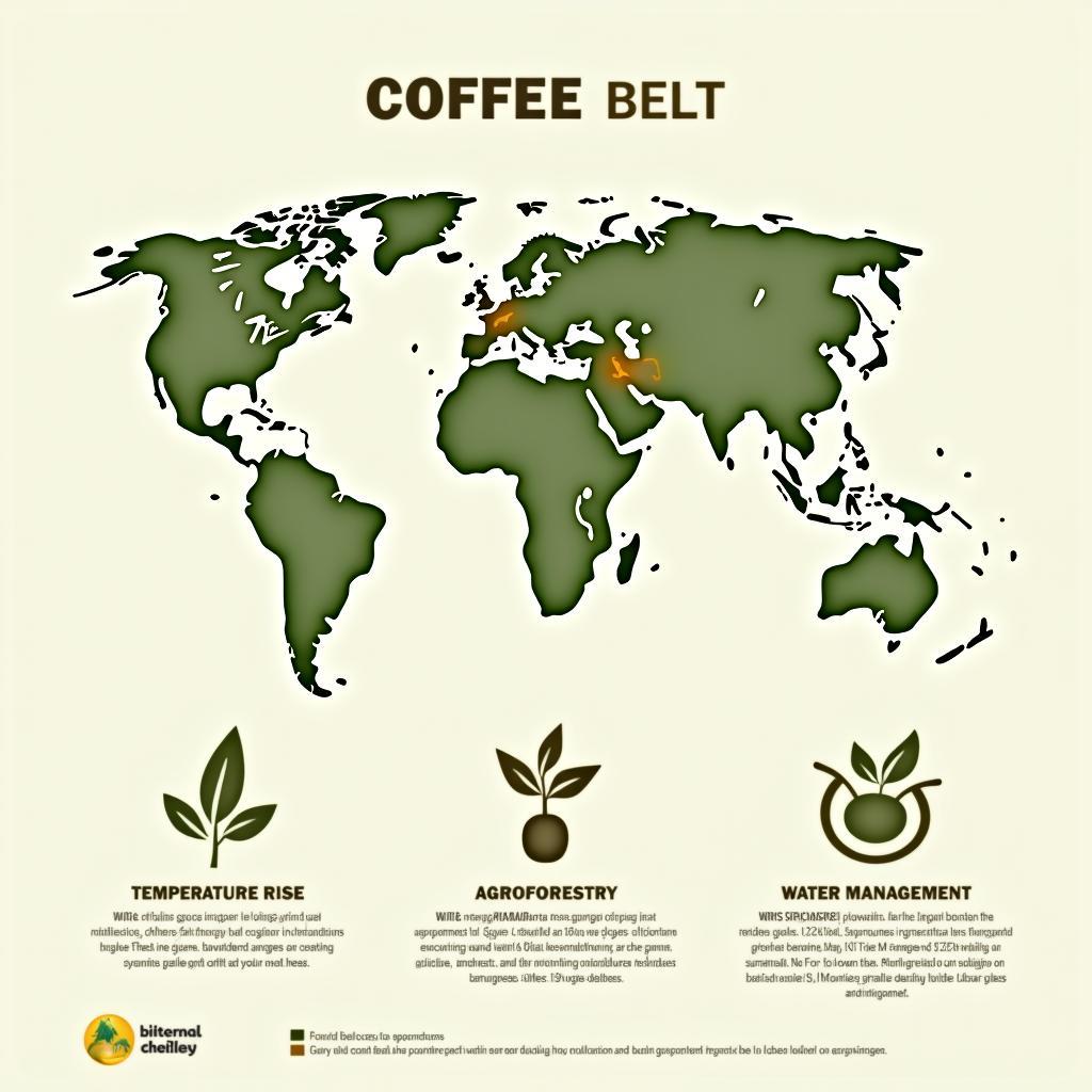Biểu đồ minh họa tác động của biến đổi khí hậu lên các vùng trồng cà phê toàn cầu và chiến lược thích ứng