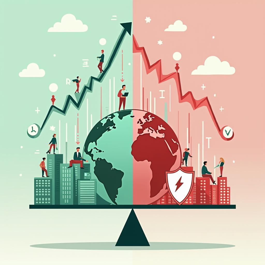 Sơ đồ minh họa tác động của làm việc từ xa đến thị trường tài chính toàn cầu với các yếu tố cơ hội và thách thức