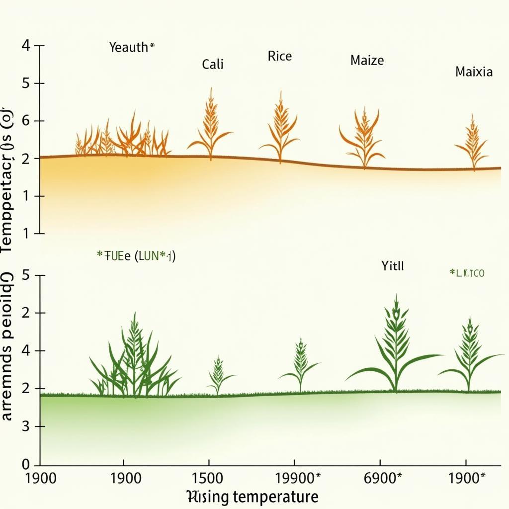 Biểu đồ thể hiện tác động của nhiệt độ tăng lên năng suất cây trồng chính ở các vùng khí hậu khác nhau
