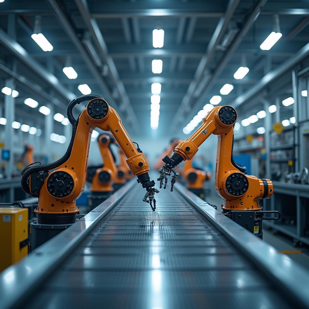 Minh họa tác động của tự động hóa đến công nhân lao động thủ công trong nhà máy sản xuất hiện đại