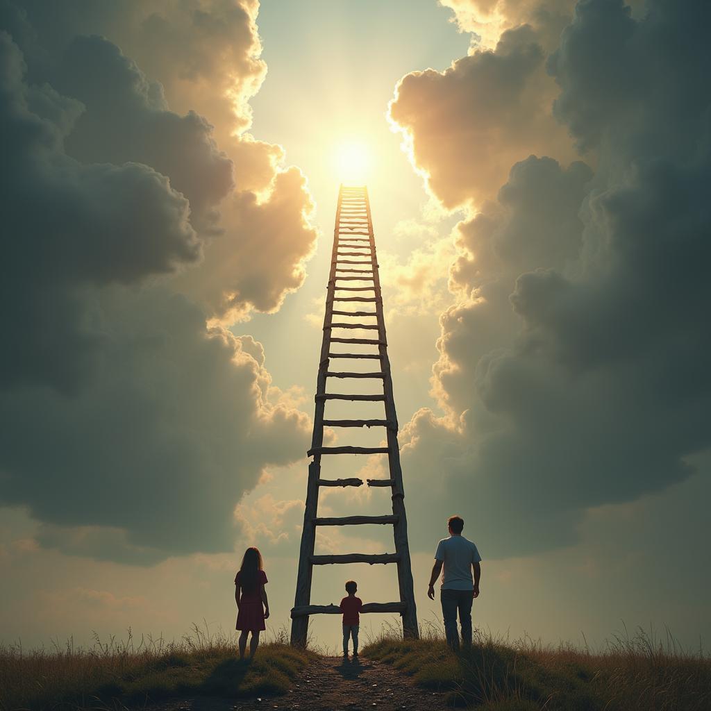 Hình ảnh chiếc thang tượng trưng cho dịch chuyển xã hội bị gãy, thể hiện tác động của khủng hoảng kinh tế lên cơ hội vươn lên.