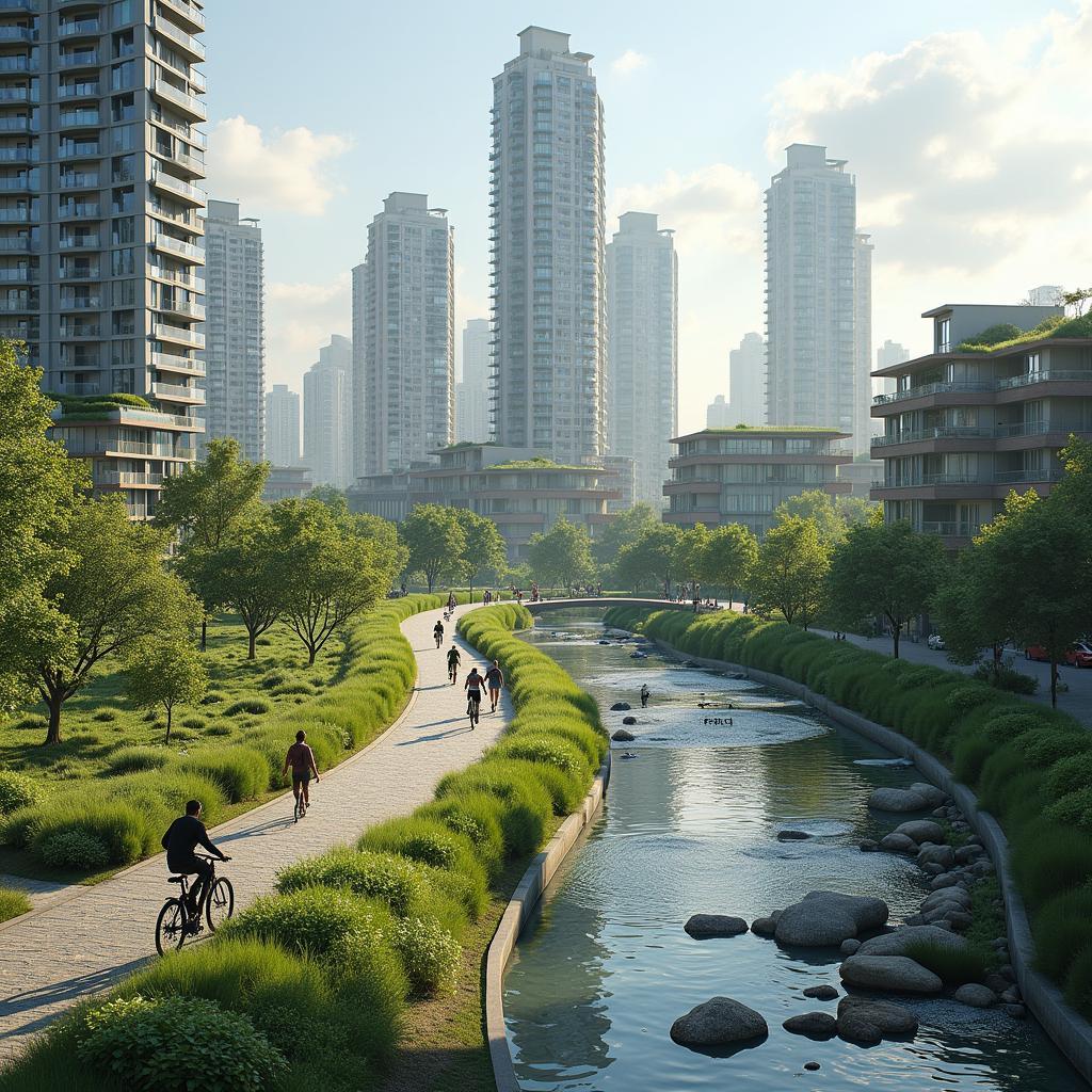 Mô hình thành phố xanh có quy hoạch bền vững với công viên và không gian công cộng
