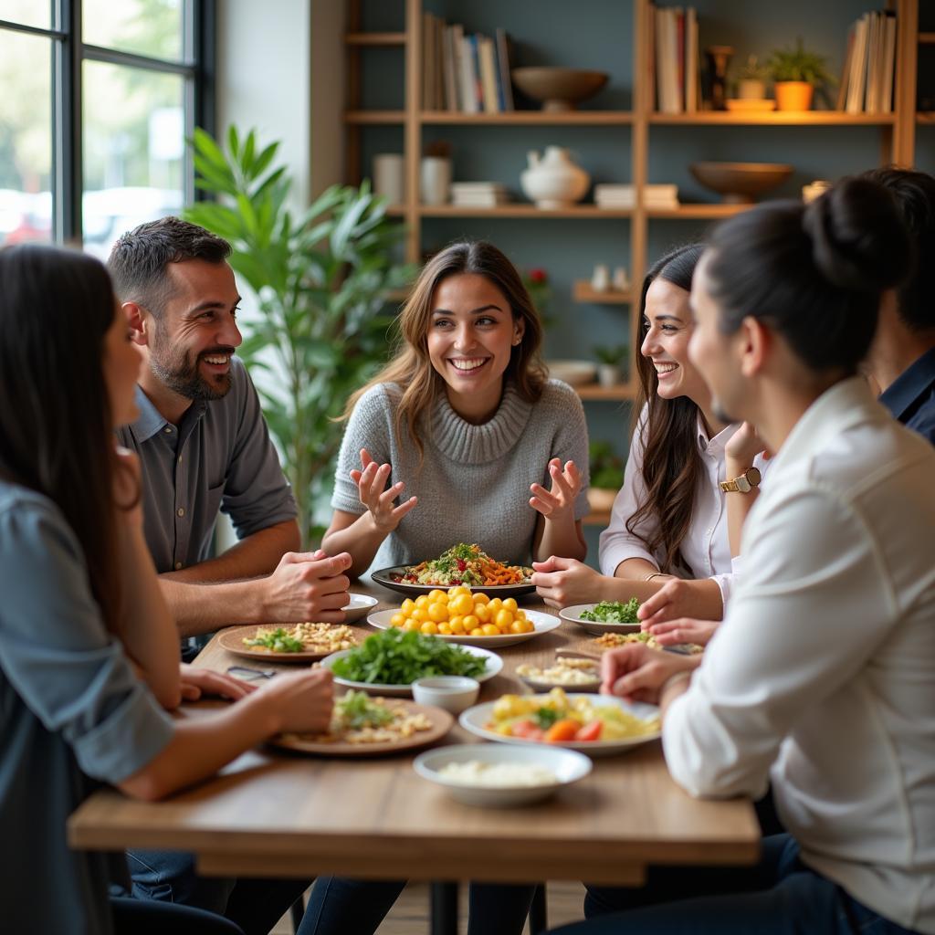 Nhóm người đang thảo luận về thay đổi thói quen ăn uống và xu hướng ẩm thực hiện đại