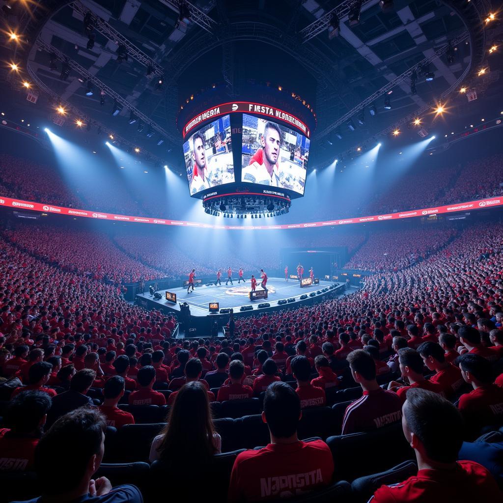 Giải đấu thể thao điện tử chuyên nghiệp với khán giả đông đảo và màn hình lớn