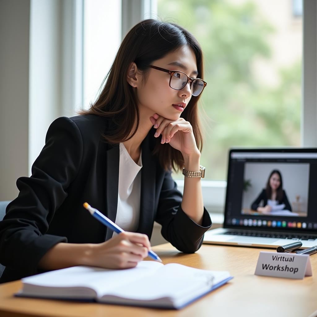 Thí sinh đang chuẩn bị bài thi IELTS Speaking Part 2 về workshop trực tuyến