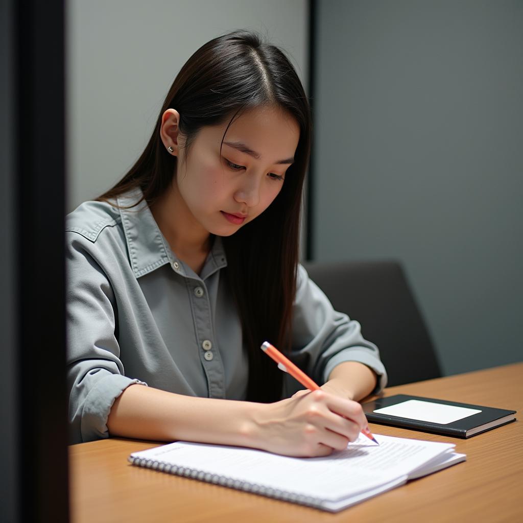 Học viên chuẩn bị bài nói IELTS Speaking Part 2 về người truyền cảm hứng với giấy ghi chú