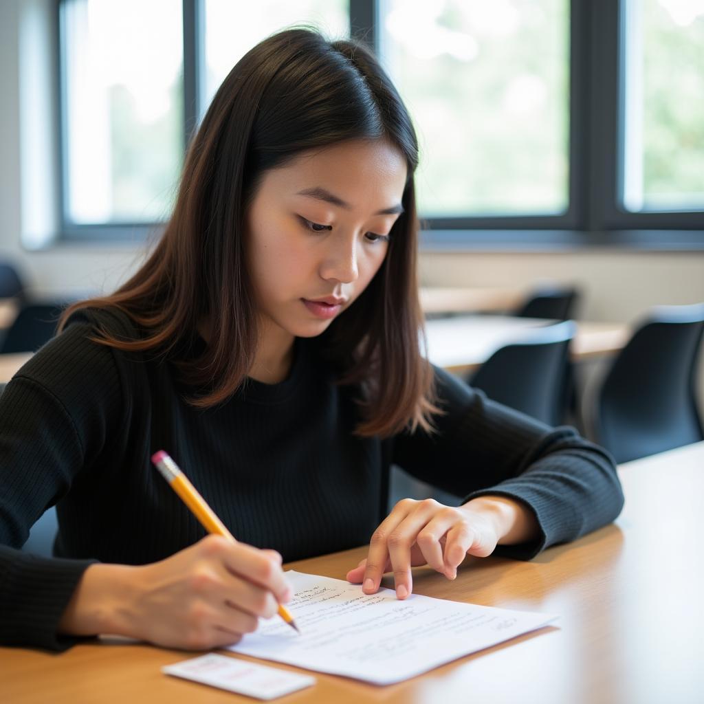 Thí sinh đang ghi chú chuẩn bị cho phần thi IELTS Speaking Part 2 với giấy nháp và bút chì