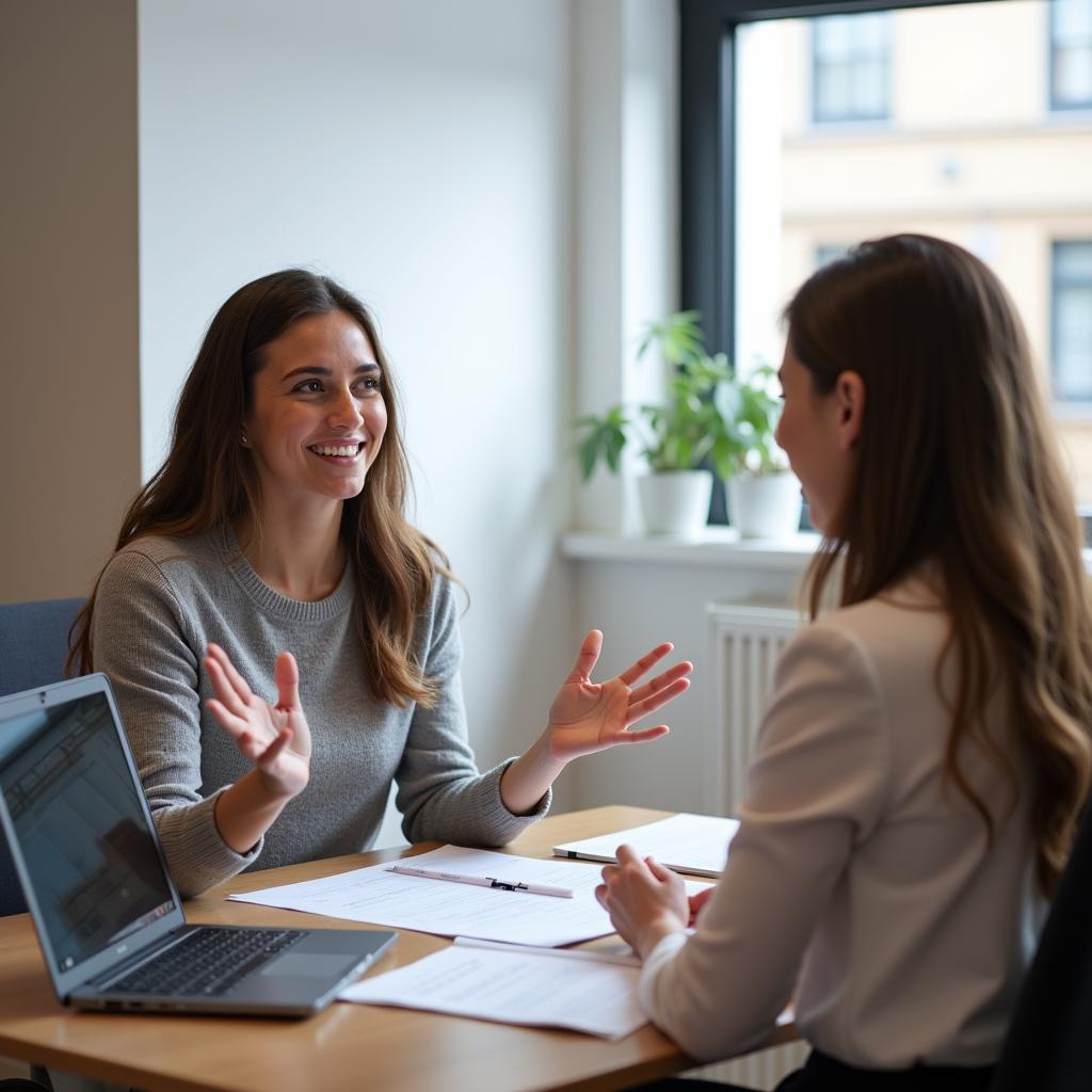 Thí sinh IELTS tự tin trình bày bài Speaking Part 2 về cuộc trò chuyện với người lạ