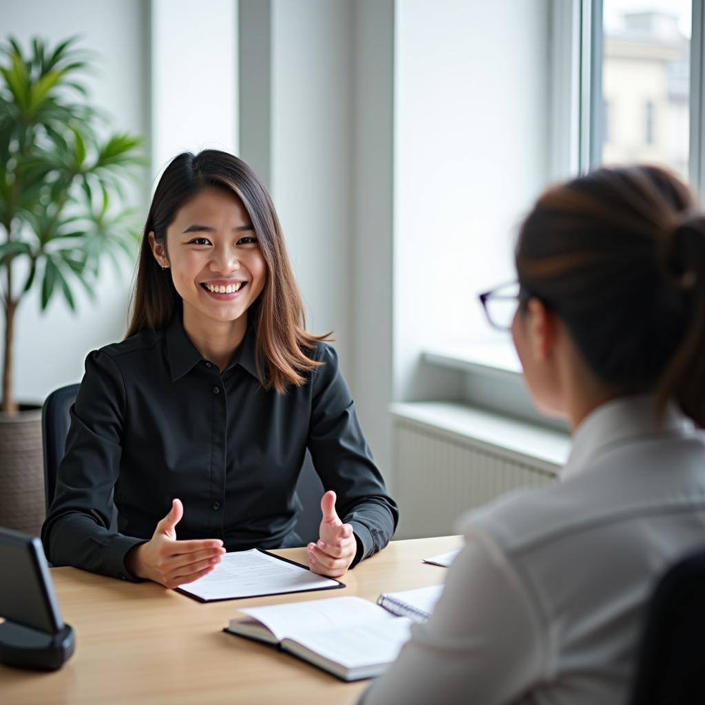 Thí sinh IELTS Speaking Part 1 đang trả lời câu hỏi về dự án với giám khảo trong phòng thi