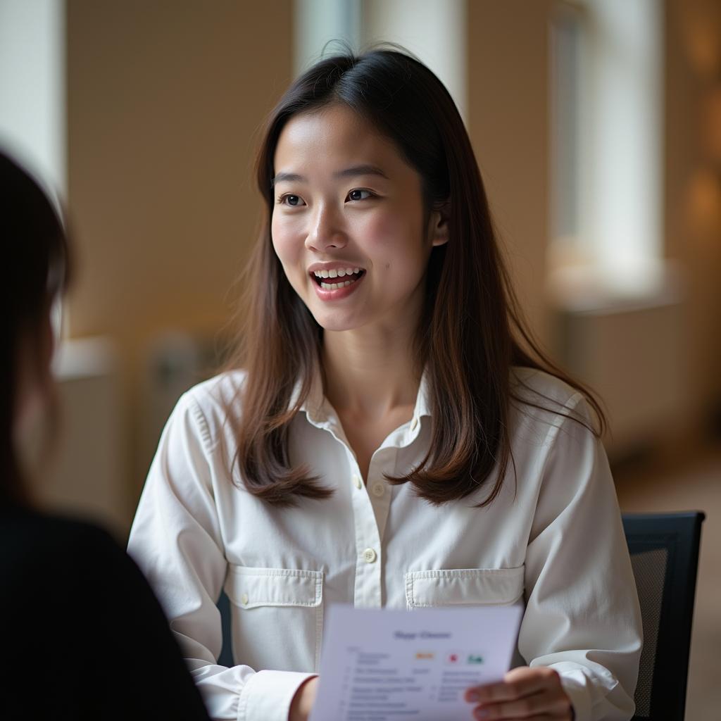 Thí sinh IELTS Speaking Part 2 đang trình bày về trải nghiệm tham gia nỗ lực thay đổi với sự tự tin