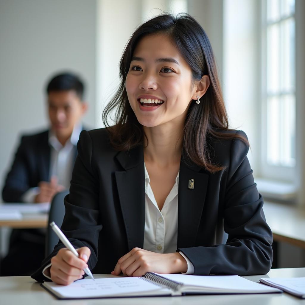 Thí sinh IELTS Speaking Part 2 đang tự tin trình bày bài nói mô tả người có tính tò mò