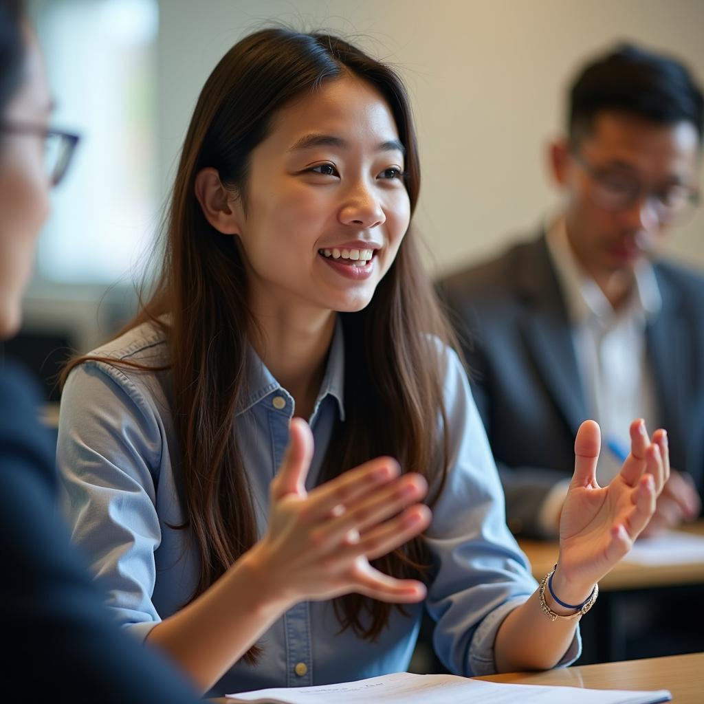 Thí sinh IELTS đang tự tin trình bày bài nói Part 2 về trải nghiệm thích nghi với tình huống mới