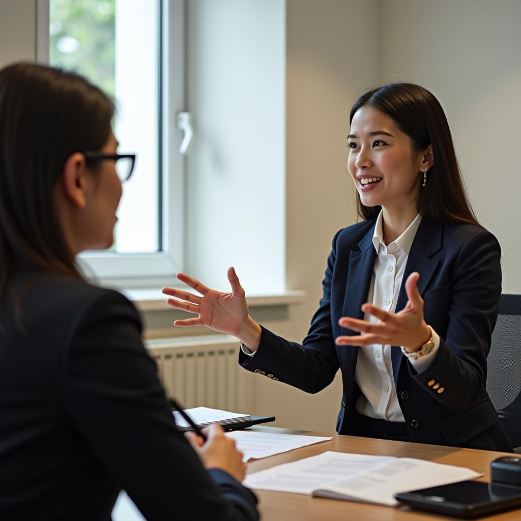 Thí sinh IELTS Speaking Part 2 đang trình bày về chủ đề luật mới trước giám khảo chuyên nghiệp