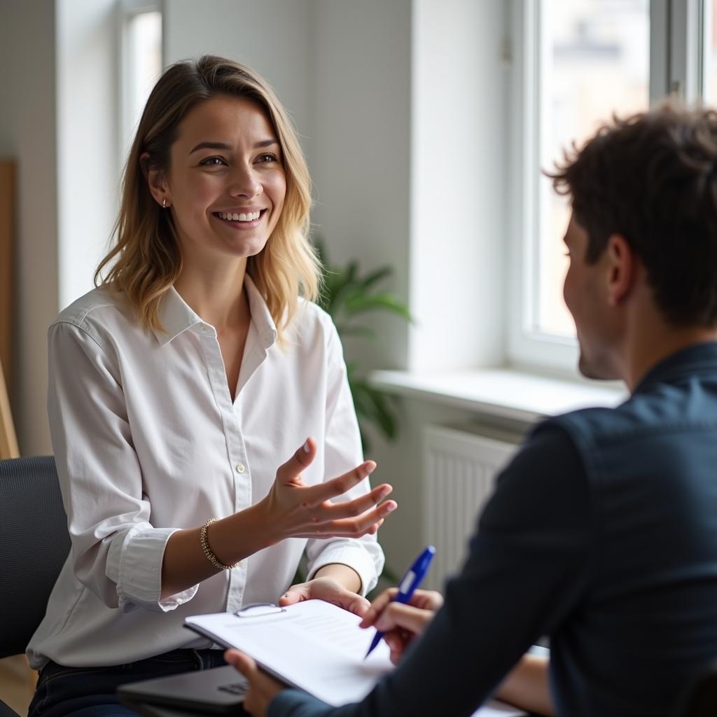 Thí sinh tự tin trình bày bài nói Part 2 IELTS về tình huống bất ngờ với examiner