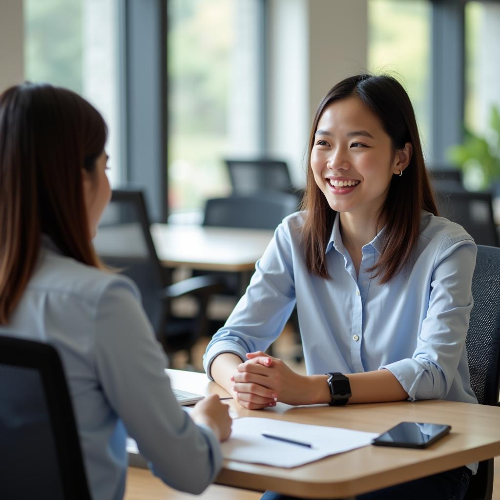 Thí sinh IELTS Speaking thảo luận về chủ đề trung tâm thương mại với giám khảo