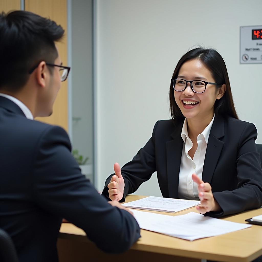 Thí sinh IELTS Speaking đang tự tin trả lời câu hỏi về sự kiện trực tuyến với examiner