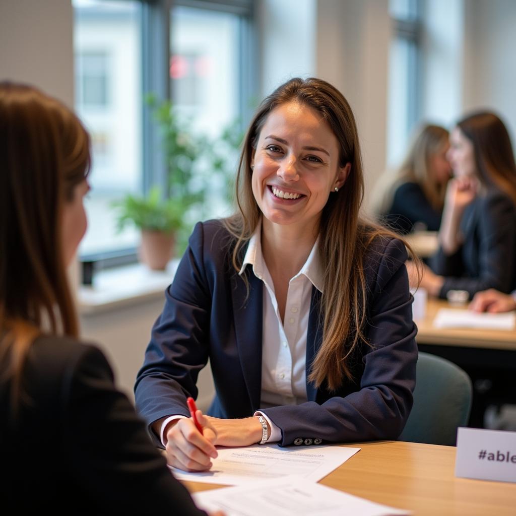 Thí sinh IELTS Speaking đang tự tin trình bày bài nói Part 2 với giám khảo trong phòng thi