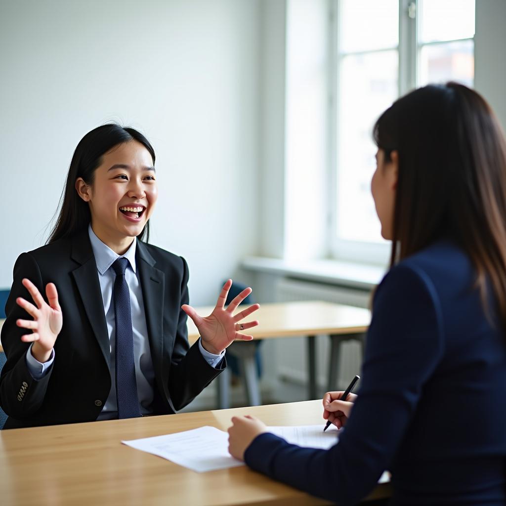 Thí sinh IELTS tự tin trả lời câu hỏi Part 2 về kỷ niệm phấn khích với examiner