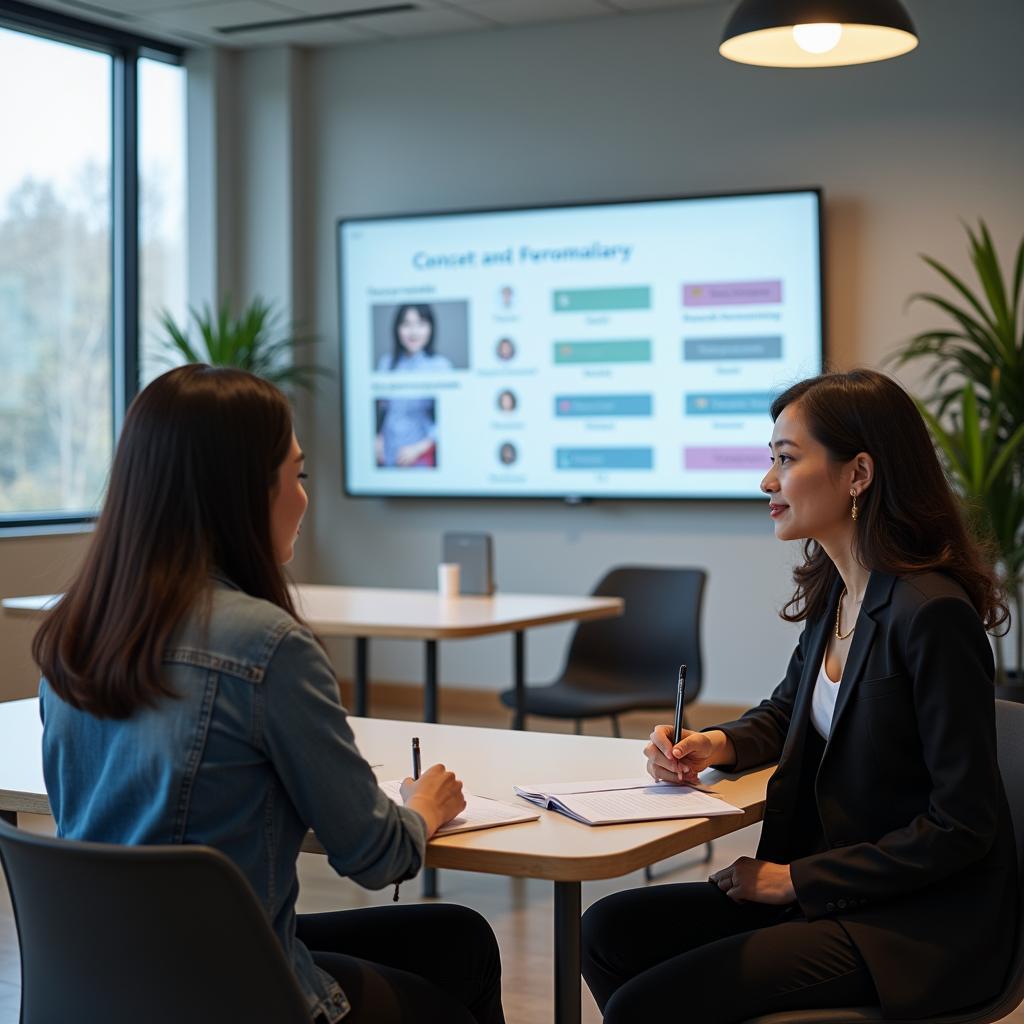 Thí sinh IELTS luyện tập trả lời câu hỏi về chủ đề biểu diễn nghệ thuật với giáo viên