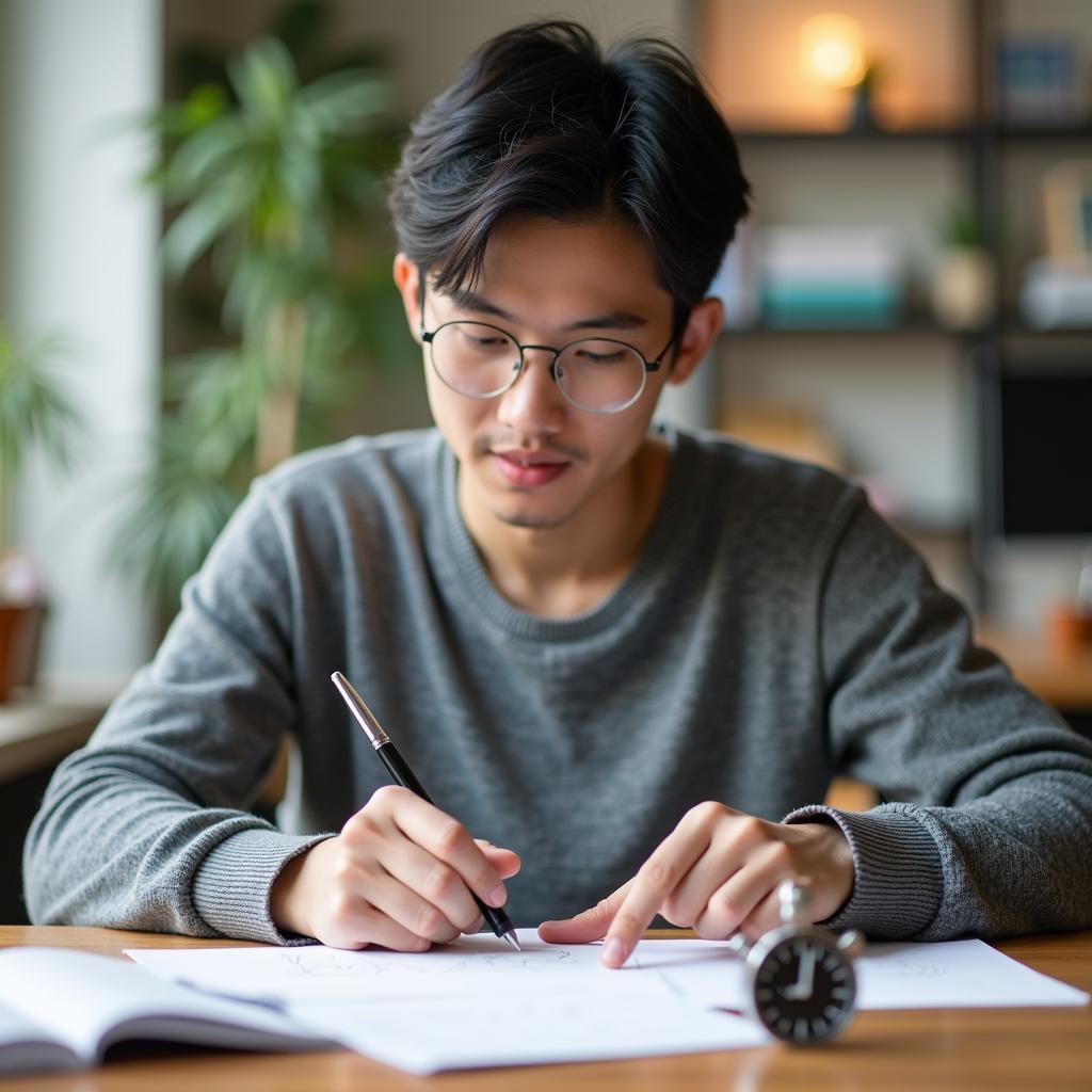 Thí sinh IELTS đang chuẩn bị bài nói Part 2 về trải nghiệm mới với ghi chú