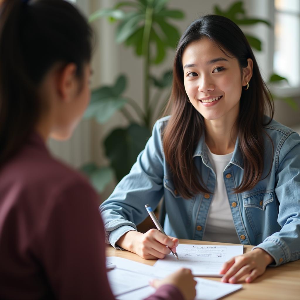 Thí sinh đang luyện tập IELTS Speaking chủ đề thời tiết xấu với giáo viên