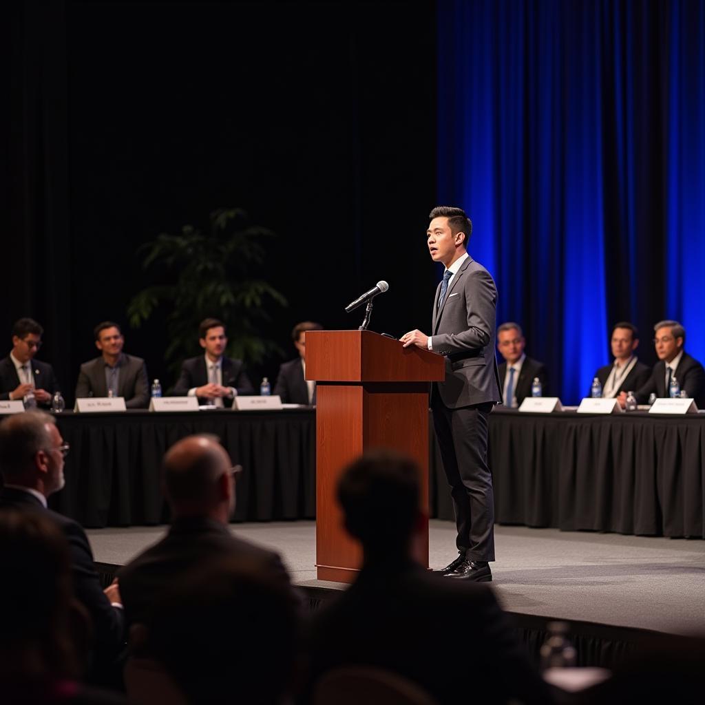 Thí sinh tham gia cuộc thi hùng biện thể hiện sự tự tin và kỹ năng giao tiếp trước đám đông