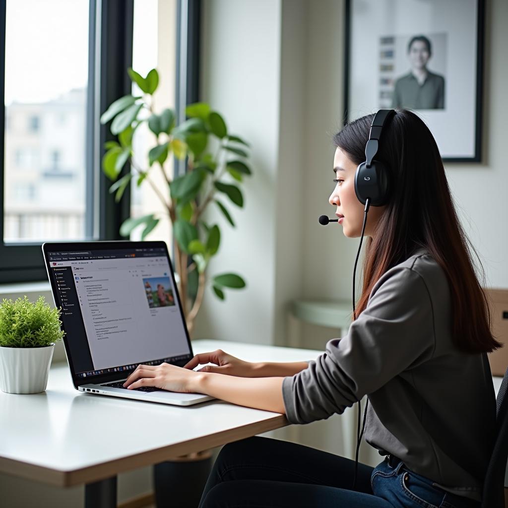 Thí sinh IELTS Speaking chuẩn bị trả lời câu hỏi về sự kiện trực tuyến với laptop và tai nghe chuyên nghiệp