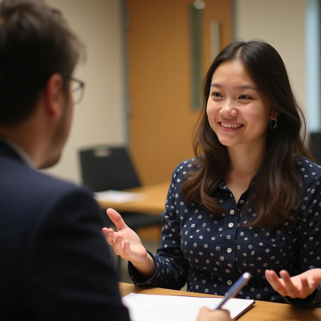 Thí sinh tự tin trình bày bài nói IELTS Speaking Part 2 về vấn đề bất ngờ trong phòng thi