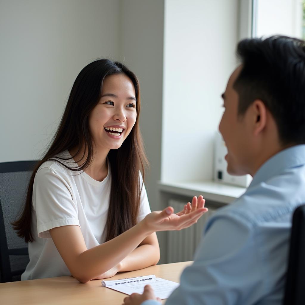 Thí sinh tự tin trình bày bài nói IELTS Speaking Part 2 về chuyến đi không như dự kiến trước giám khảo
