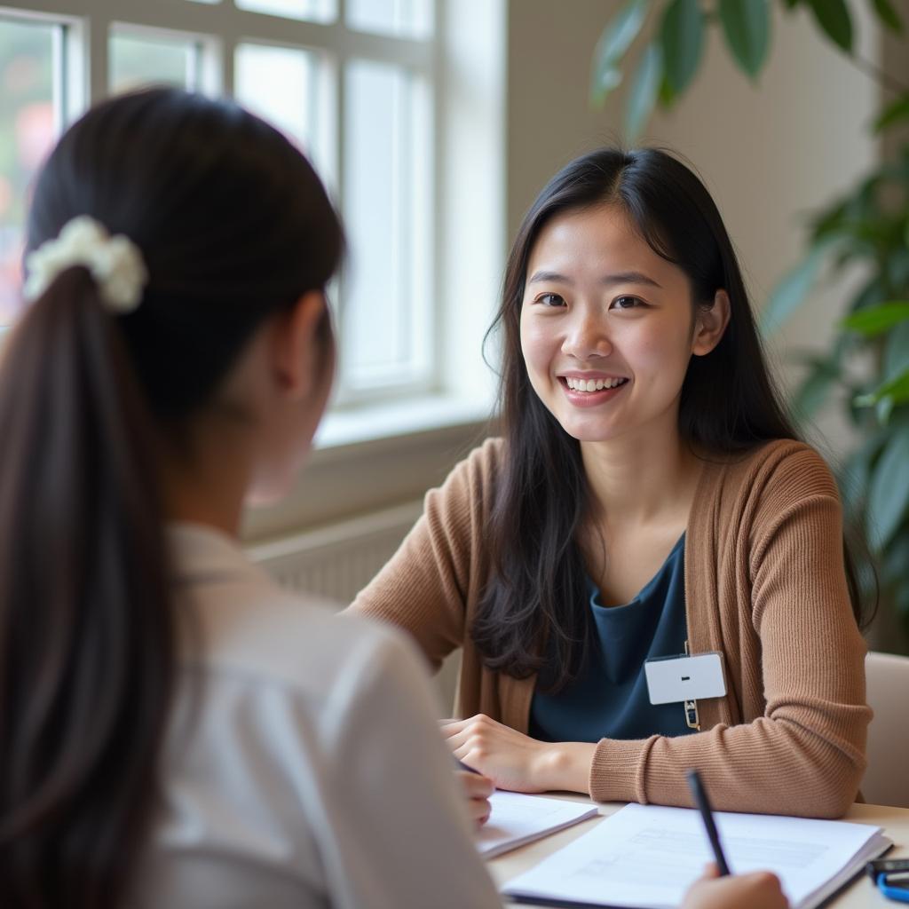 Thí sinh đang trình bày bài nói IELTS Speaking Part 2 về tình huống xin lỗi với sự tự tin